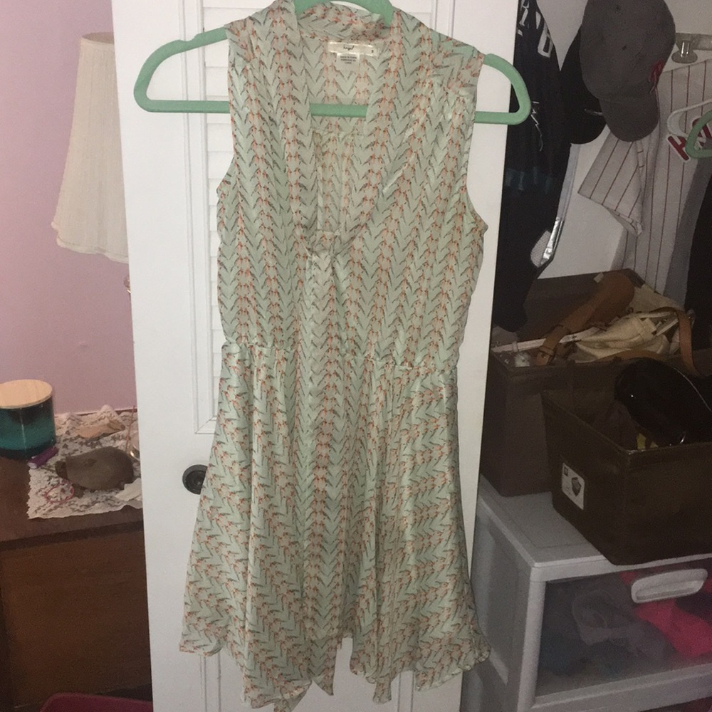 Muted mint colored dress with bird pattern.